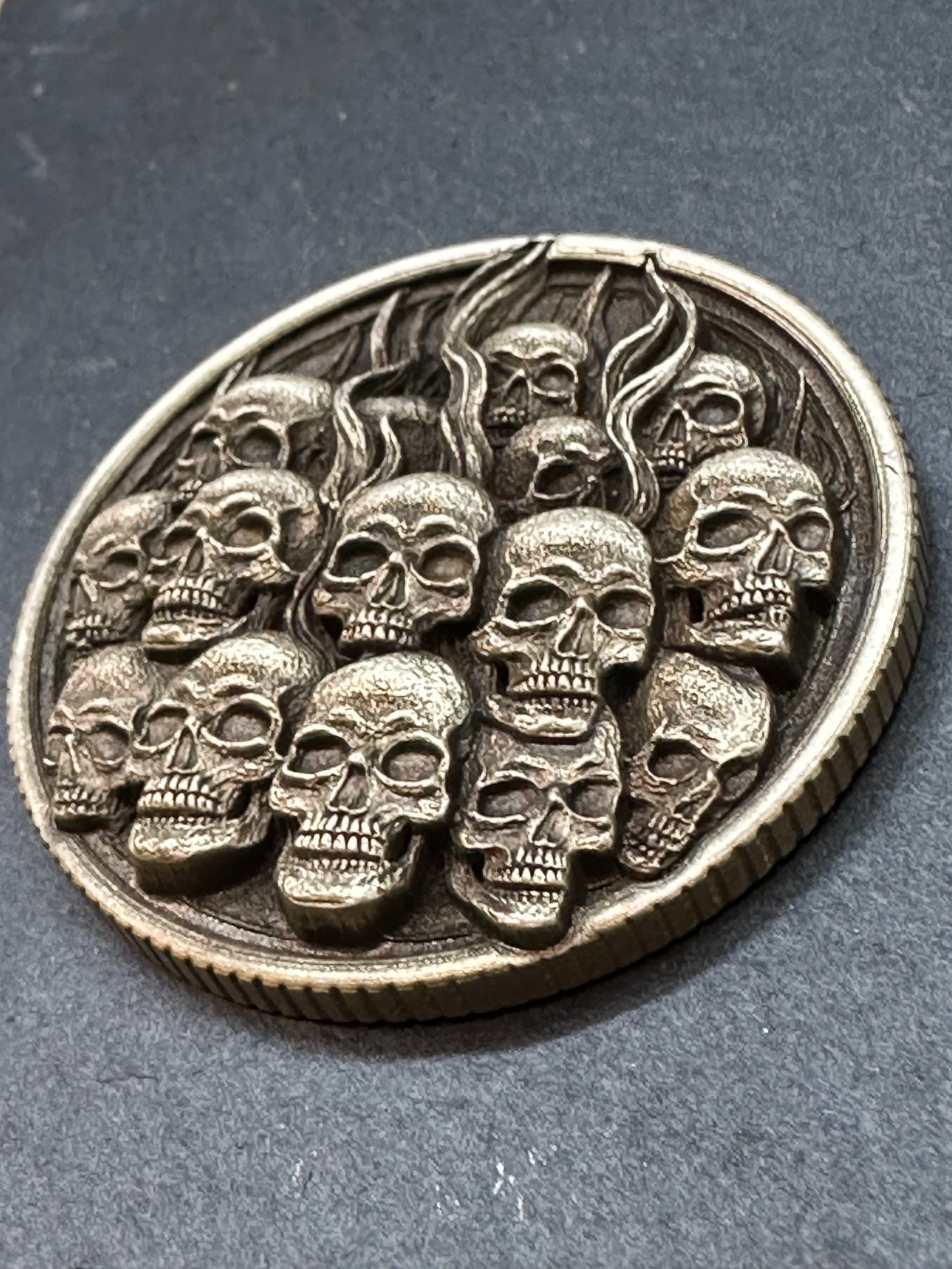 3D Laser Engraved Brass Coin - Extra Deep Flaming Pile of Skulls Design