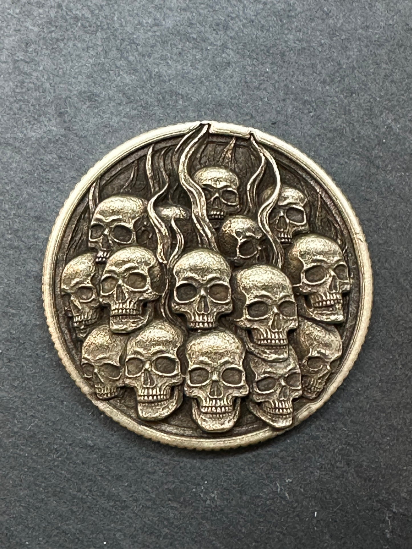 3D Laser Engraved Brass Coin - Extra Deep Flaming Pile of Skulls Design