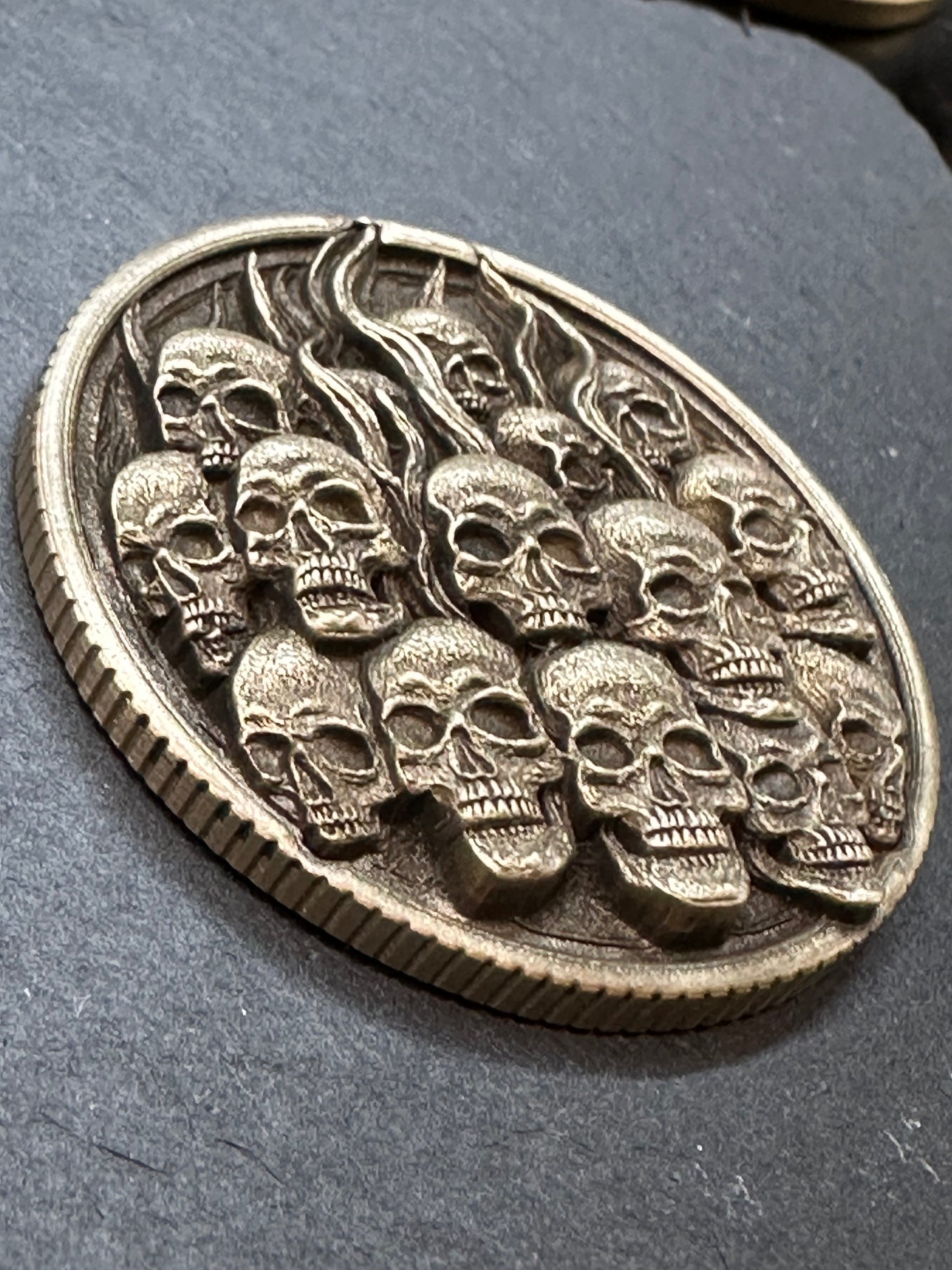 3D Laser Engraved Brass Coin - Extra Deep Flaming Pile of Skulls Design