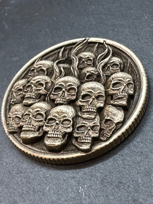 3D Laser Engraved Brass Coin - Extra Deep Flaming Pile of Skulls Design