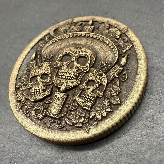 3D Laser Engraved Brass Coin - Day of the Dead Inspired Skull Design