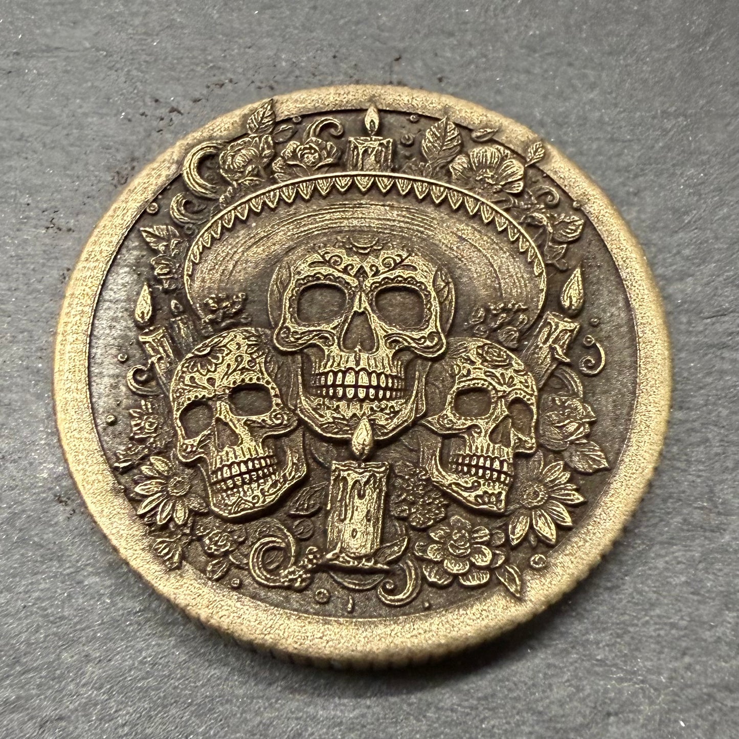 3D Laser Engraved Brass Coin - Day of the Dead Inspired Skull Design