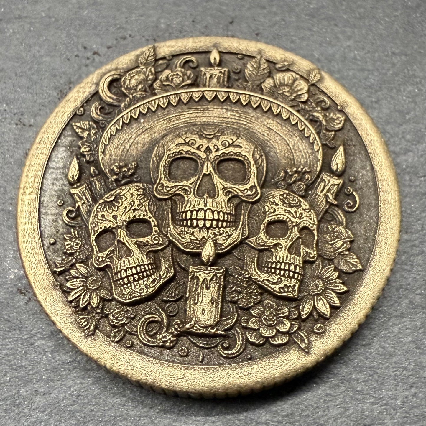 3D Laser Engraved Brass Coin - Day of the Dead Inspired Skull Design