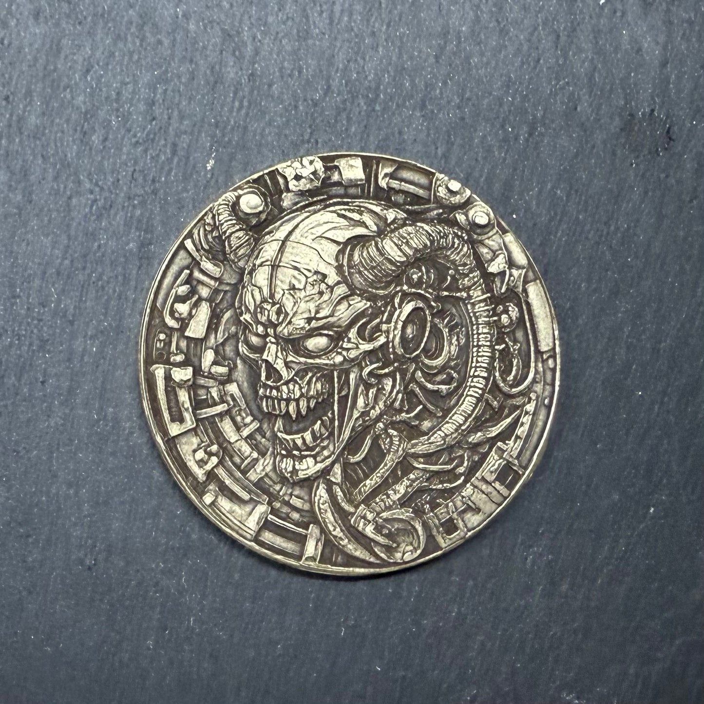 3D Laser Engraved Brass Coin - Cyborg Demon
