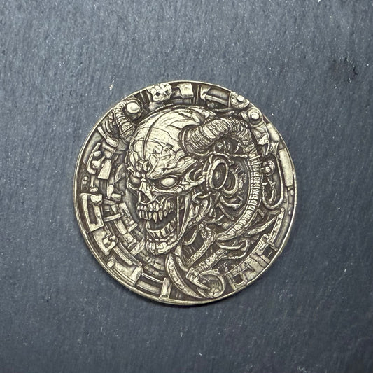 3D Laser Engraved Brass Coin - Cyborg Demon